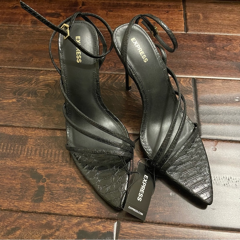 EXPRESS Strappy pointed toe black Croc heels